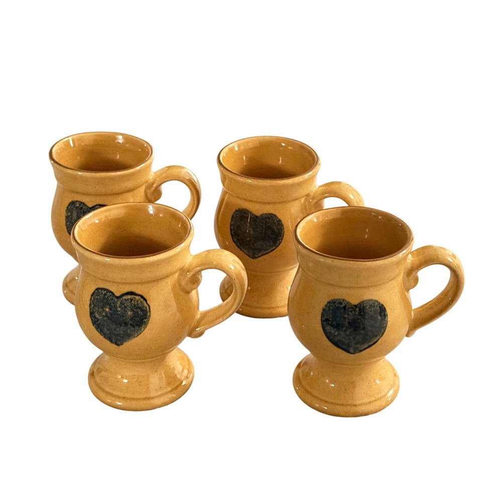 Vintage Pfaltzgraff America Collection Mugs Set 4 Heart Folk Art USA